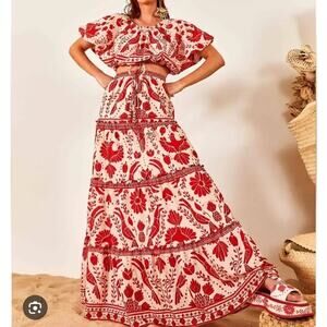 Farm Rio Jungle Flow Maxi Skirt and Top Set Red Toucans Parrots Small